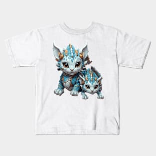 Dragon cat family in their flowery cave Kids T-Shirt